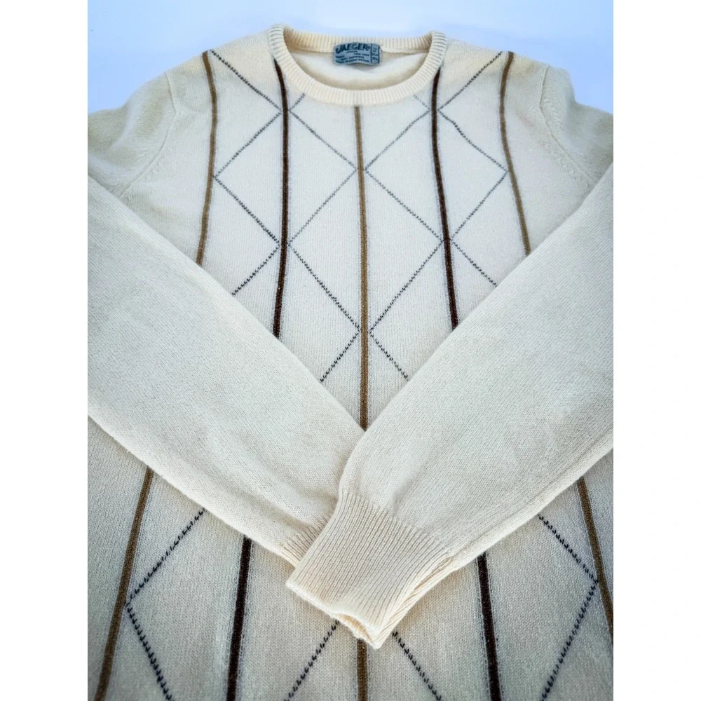 Vtg JAEGER London 100% Pure Cashmere Knit Sweater Cream Striped Scandi Grandpa M - Picture 5 of 5
